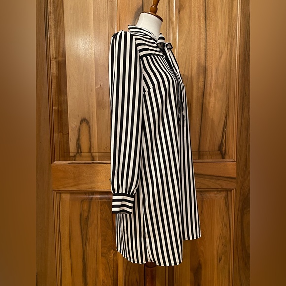 LOFT - Black & White Striped Long-SleeveShirt-Dress/Bow Tied at Neck - EUC - S - Picture 12 of 14